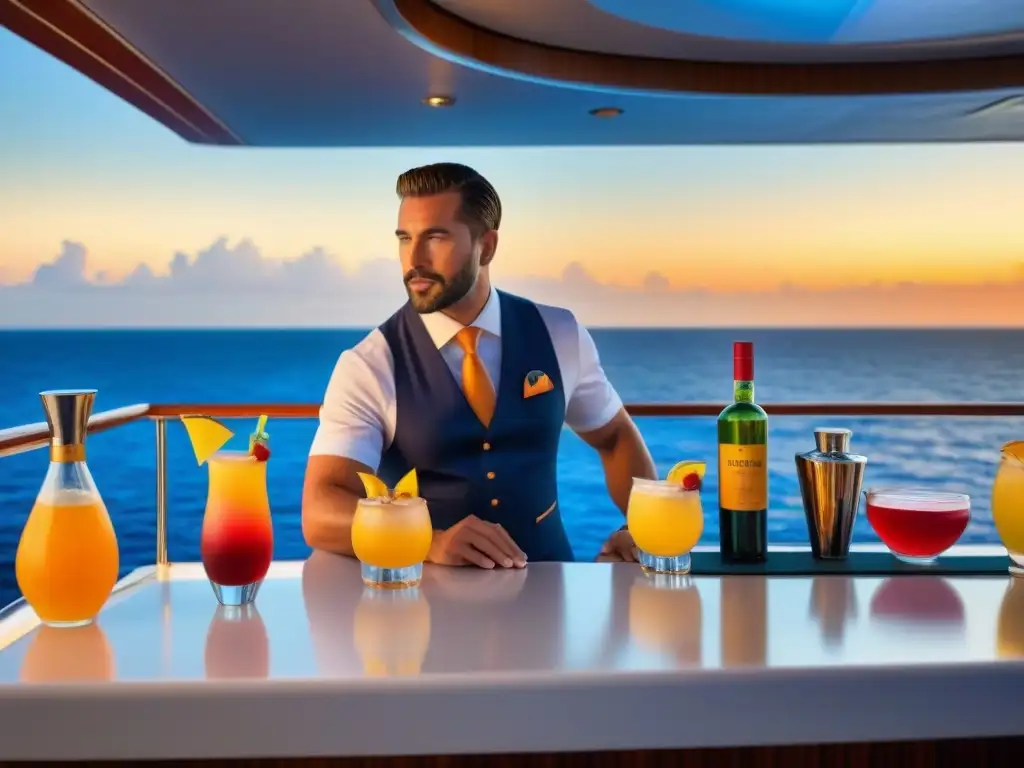 Un mixólogo prepara un vibrante cóctel en un lujoso bar de crucero al atardecer