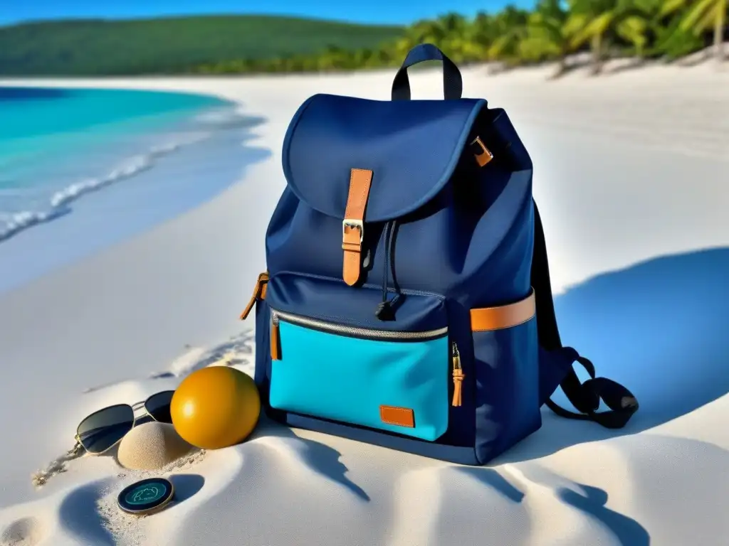 Una mochila azul marino en la playa, lista para un crucero