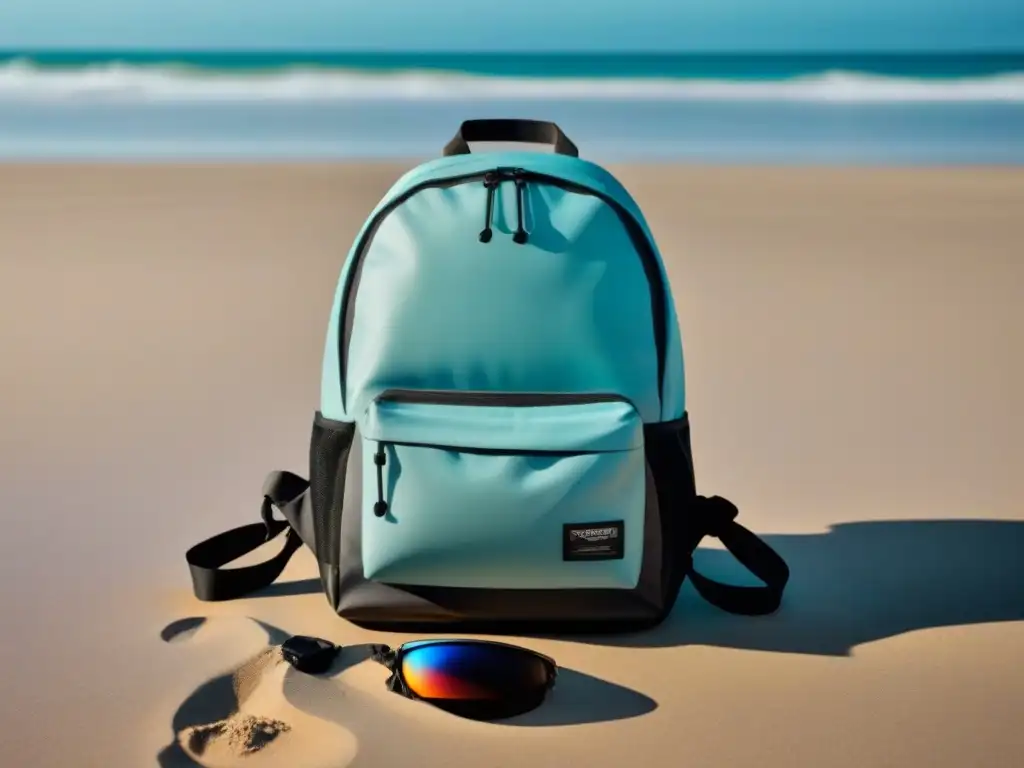 Una mochila impermeable protegiendo equipos en la arena de la playa, con olas suaves y sol brillante