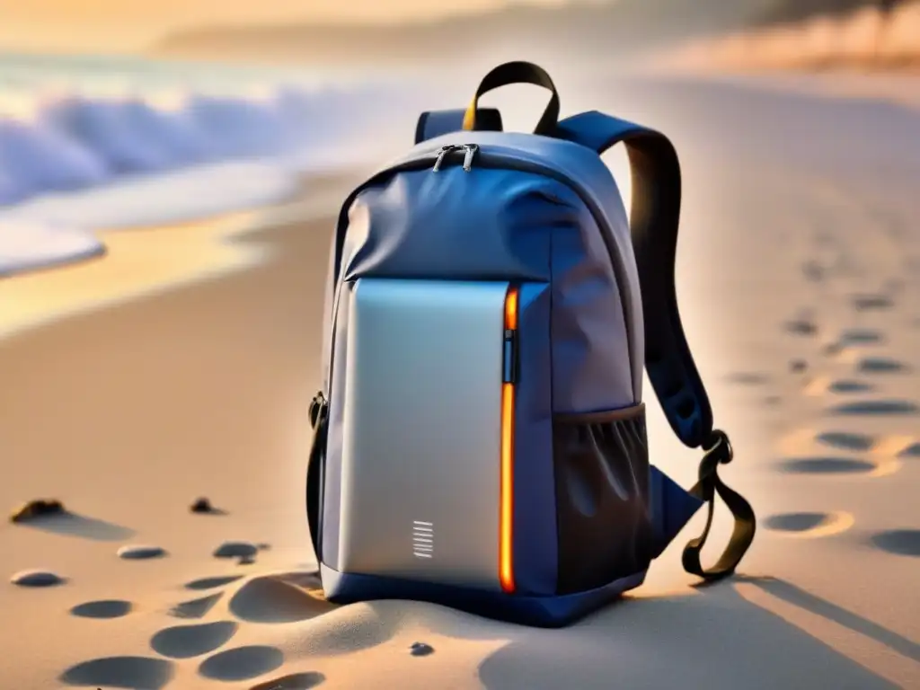 Una mochila impermeable y futurista con gadgets imprescindibles para turismo marítimo en la playa