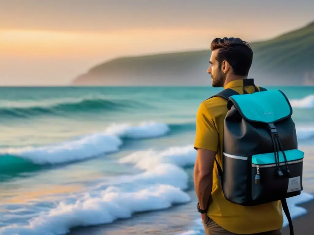 Una mochila impermeable negra organizada con ropa, cámara y binoculares, frente al mar turquesa al atardecer