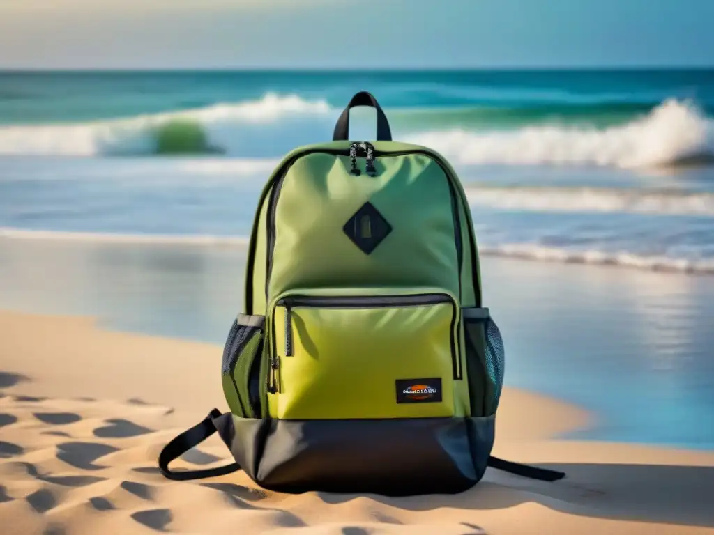 Mochila ecológica impermeable en la playa con olas suaves