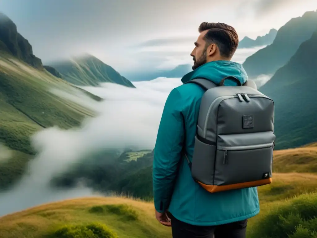 Mochila moderna impermeable para exploradores en paisaje montañoso neblinoso