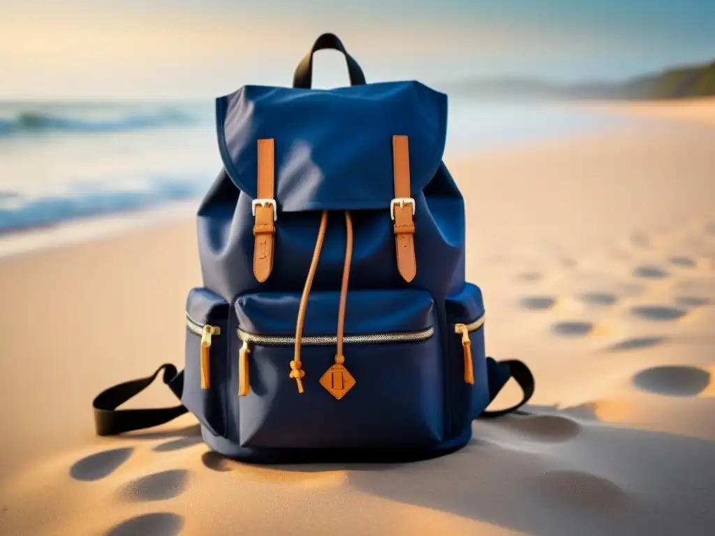 Mochila moderna impermeable en playa, con ondas suaves