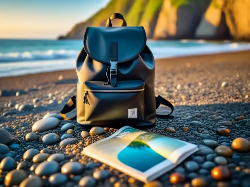 Mochila negra impermeable en la costa rocosa con gotas de agua brillantes al atardecer