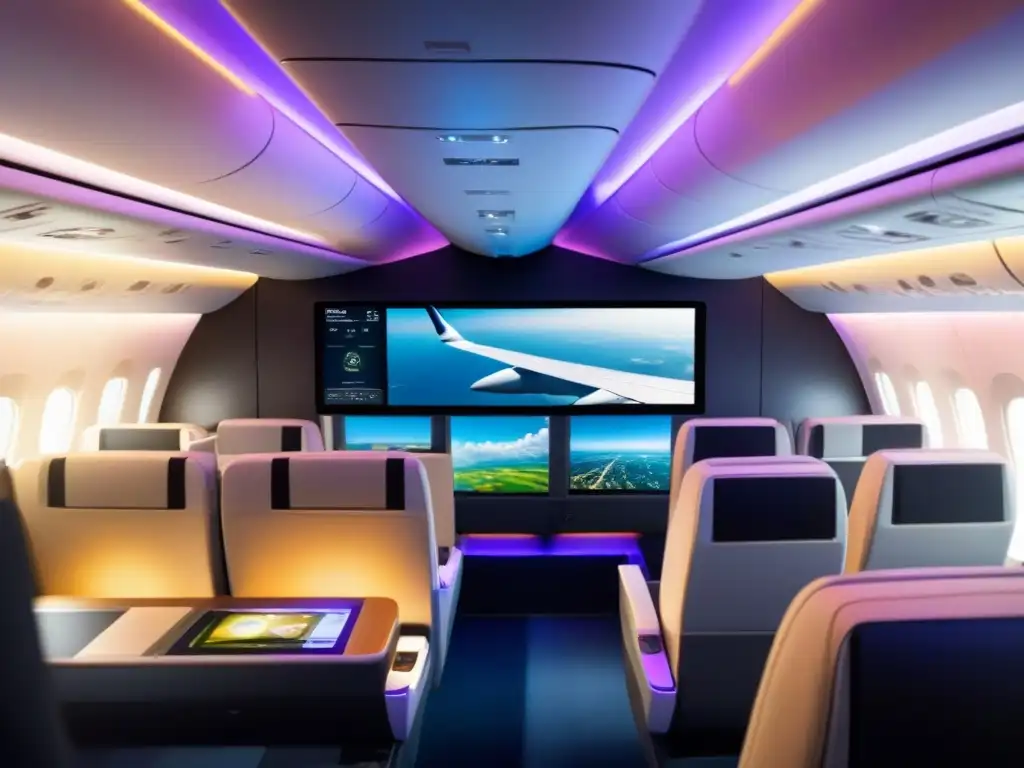 Moderna cabina de avión con tecnología verde en entretenimiento a bordo y ambiente ecoamigable