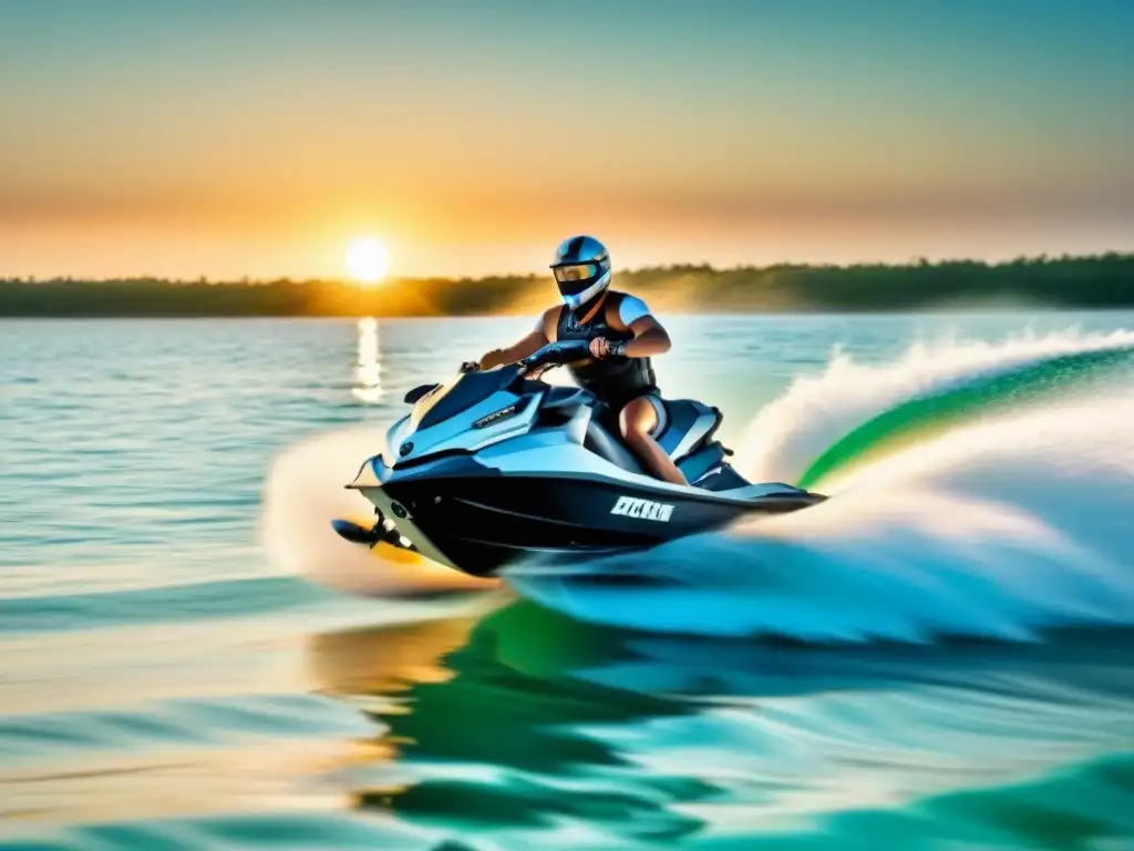 Jetski moderno surcando aguas turquesas con innovaciones accesorios marítimos transformar al atardecer dorado