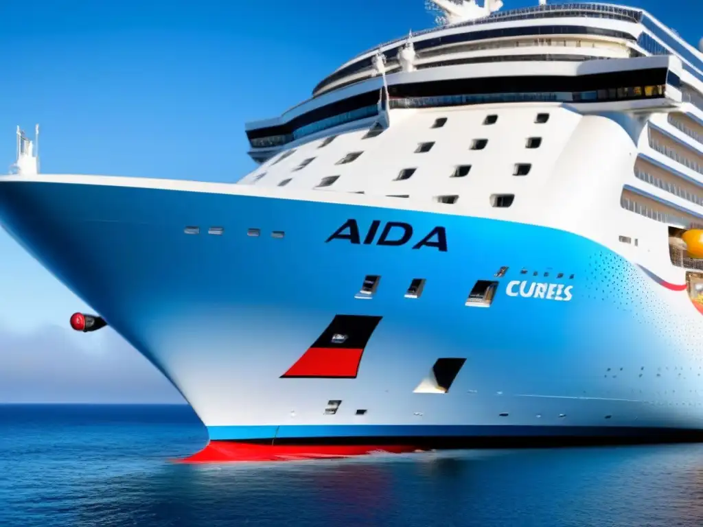 El moderno arco de un crucero de AIDA Cruises cortando las aguas azules, con el icónico logo de labios y ojos rojos, historia AIDA Cruises cruceros