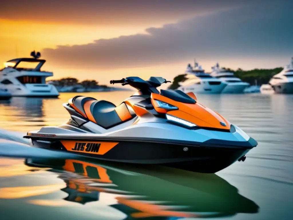 Jetski moderno en marina al atardecer, con accesorios innovadores que transforman la experiencia marítima