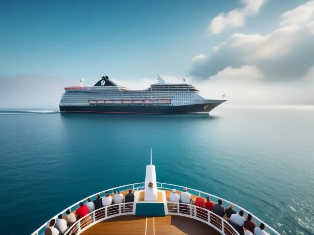 Crucero moderno: financiamiento colectivo y diversidad a bordo Un moderno crucero navegando con gente diversa en cubierta, simbolizando financiación colectiva para cruceros