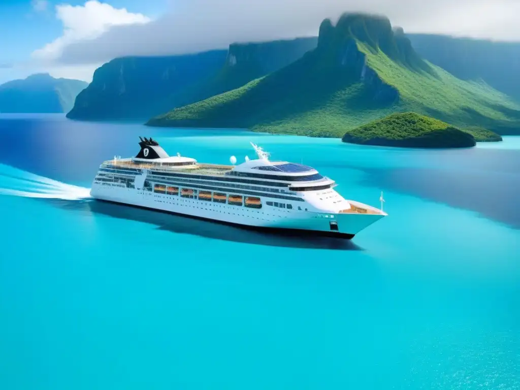 Un moderno crucero turístico navega en aguas turquesas rodeado de islas verdes, destacando su diseño ecológico con paneles solares y turbinas eólicas