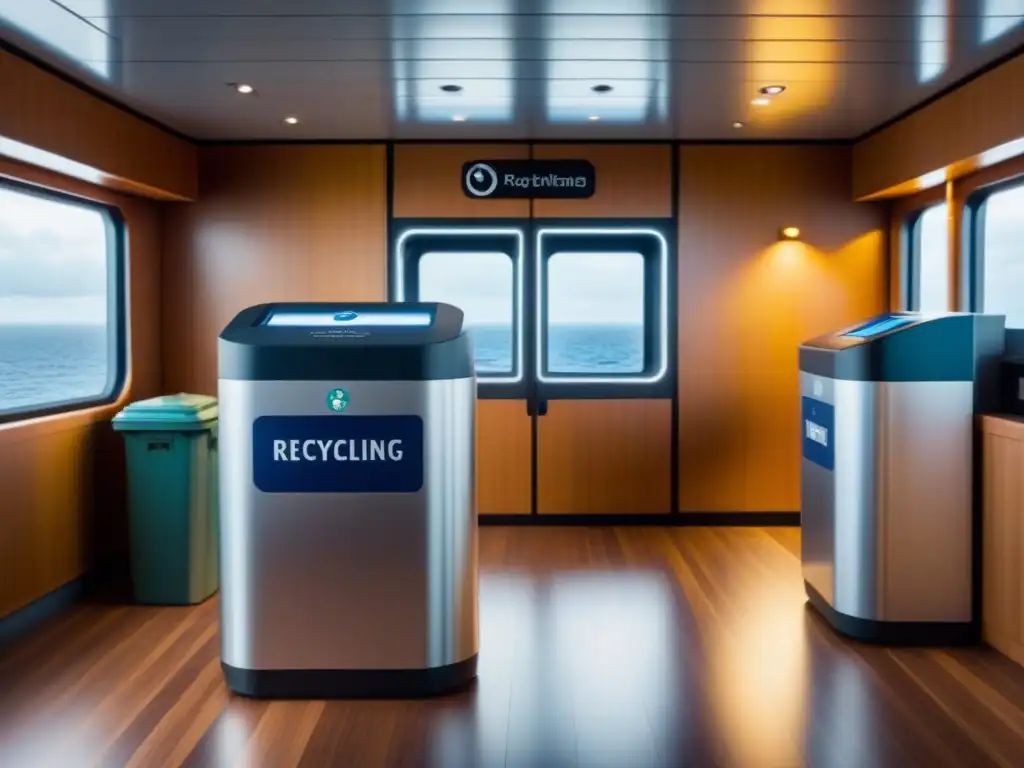 Un moderno y elegante puesto de reciclaje en la cubierta de un crucero ecológico, destacando la gestión de residuos