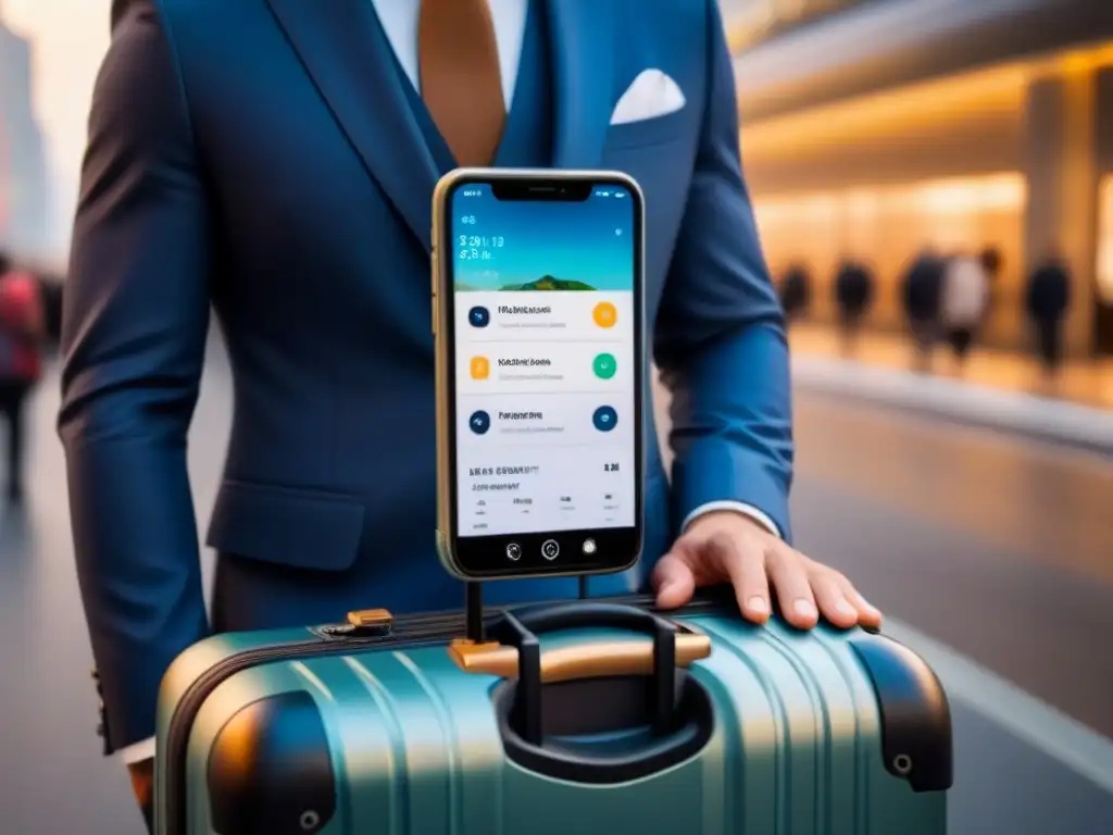 Un moderno smartphone muestra una app de maletas inteligentes para viajes marítimos