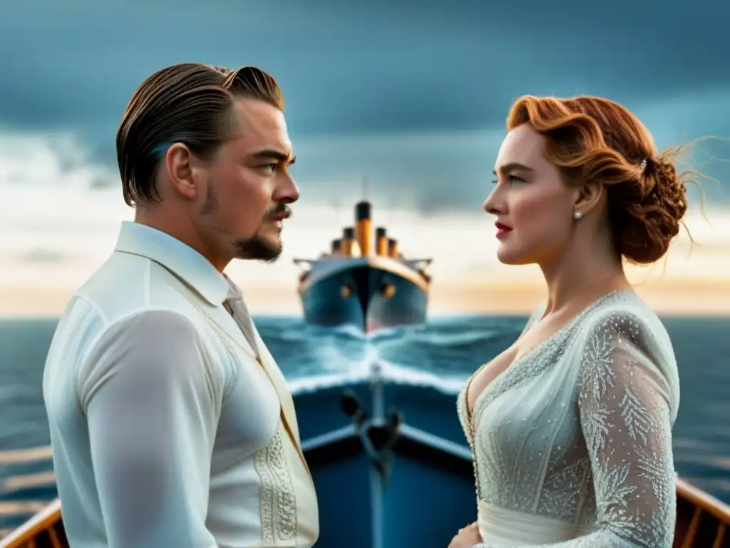 Momento icónico en el cine: Leonardo DiCaprio y Kate Winslet en la proa del Titanic, simbolizando la grandeza de los cruceros