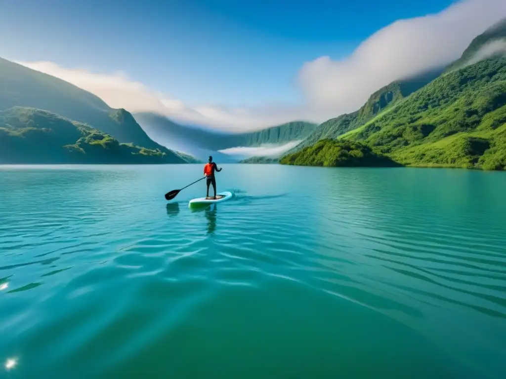 Un momento de paz y conexión con la naturaleza en kayak y paddleboarding sostenible en un lago tranquilo rodeado de montañas verdes