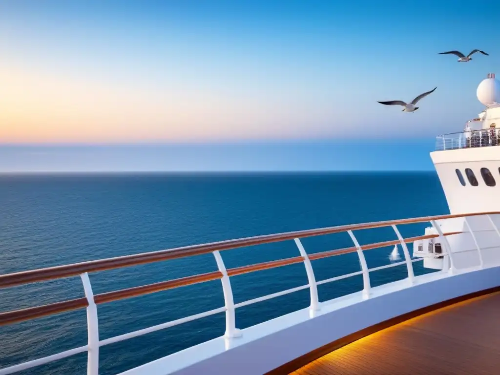 Un momento de serenidad en alta mar con aguas cristalinas y un atardecer dorado en un crucero de lujo