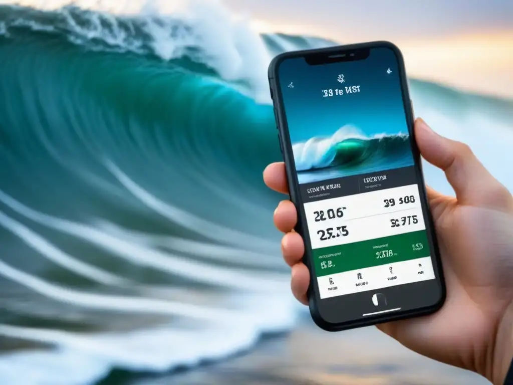 Una aplicación móvil para surfistas con pronósticos detallados de olas, viento y mareas en un diseño minimalista y limpio