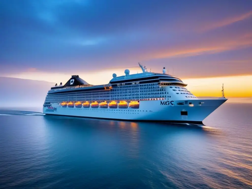 Un MSC Cruceros de lujo deslizándose elegantemente en un mar tranquilo al atardecer, con cielos pastel reflejados en el agua