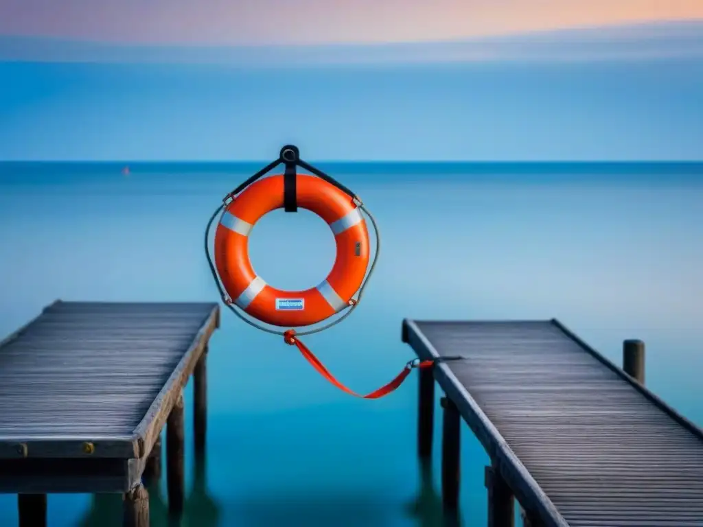 Un salvavidas naranja cuelga de un muelle de madera, con el mar tranquilo de fondo y un cielo azul claro