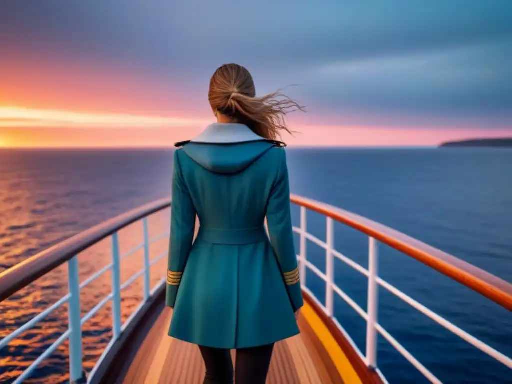 Jeanne Baret, mujer exploradora de mares, de pie con orgullo en la cubierta de un barco velero al atardecer