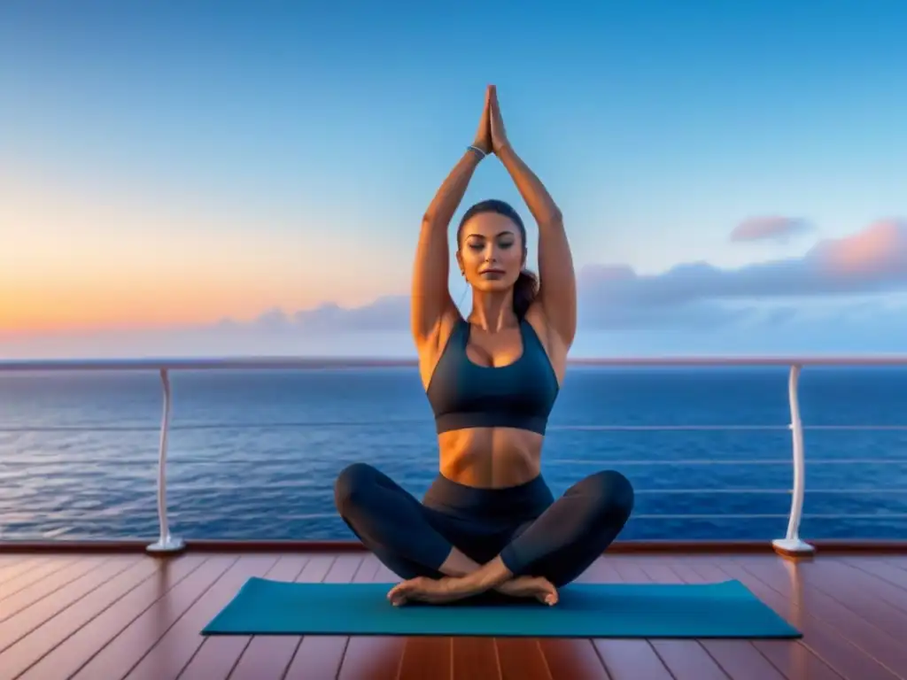 Mujer practicando yoga al amanecer en un crucero de lujo