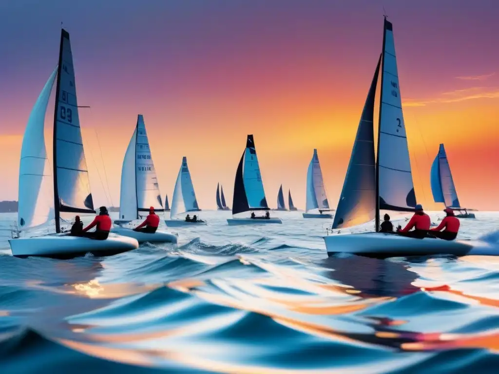 Mujeres navegantes en regatas competitivas, navegando con gracia y determinación en aguas agitadas al atardecer