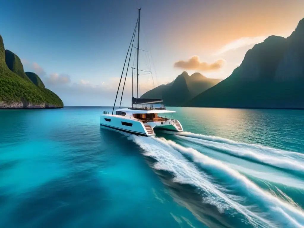 Explorando el mundo en catamarán: Un catamarán blanco navegando en aguas turquesas al atardecer, con el sol dorado de fondo