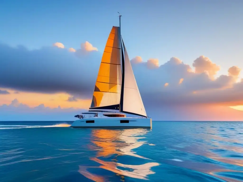 Explorando el mundo en catamarán: Un catamarán elegante navegando al atardecer en aguas cristalinas, bajo un cielo anaranjado vibrante