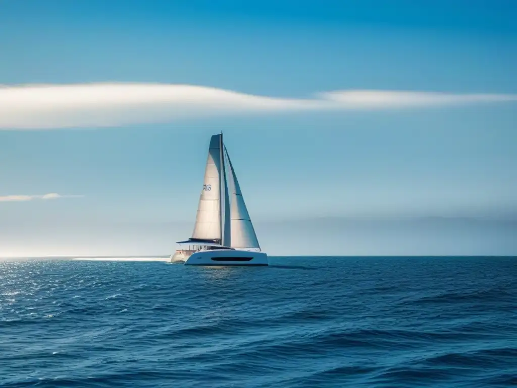 Explorando el mundo en catamarán: Un catamarán elegante navega con gracia en un vasto y tranquilo océano bajo un cielo azul claro