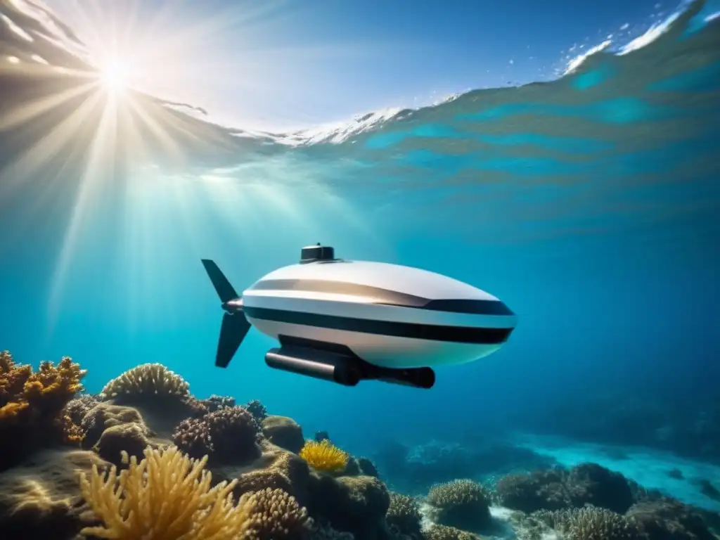 Explora el mundo submarino con un drone futurista equipado con cámaras de alta tecnología capturando la vida marina