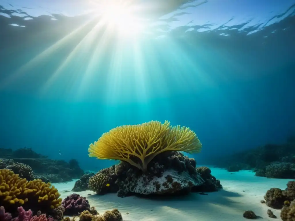 Un mundo submarino sereno al anochecer con un arrecife de coral vibrante y plancton bioluminiscente en aguas oscuras