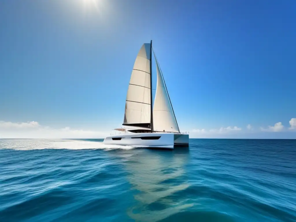 Explorando el mundo en catamarán: un velero navegando con gracia en un océano sereno y vasto bajo un cielo azul claro