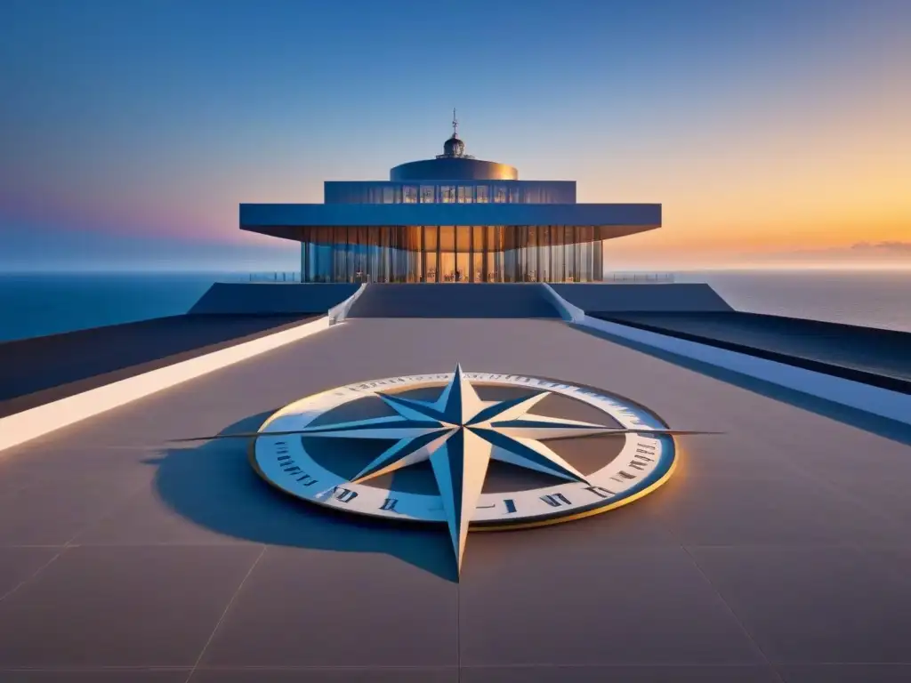 Un museo marítimo moderno frente al mar al atardecer, con una rosa de los vientos