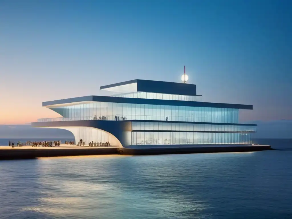 Un museo marítimo navegante del pasado, moderno y elegante al anochecer, reflejando el mar en su diseño