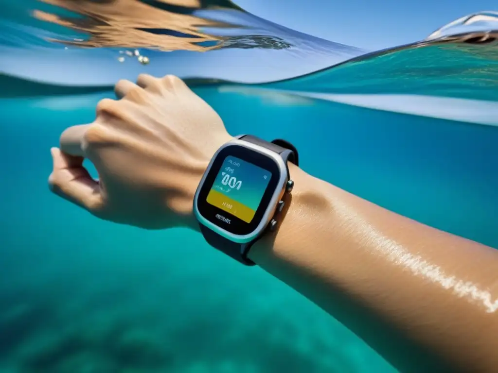 Un nadador surca aguas turquesas con un smartwatch resistente al agua que muestra datos de natación en tiempo real