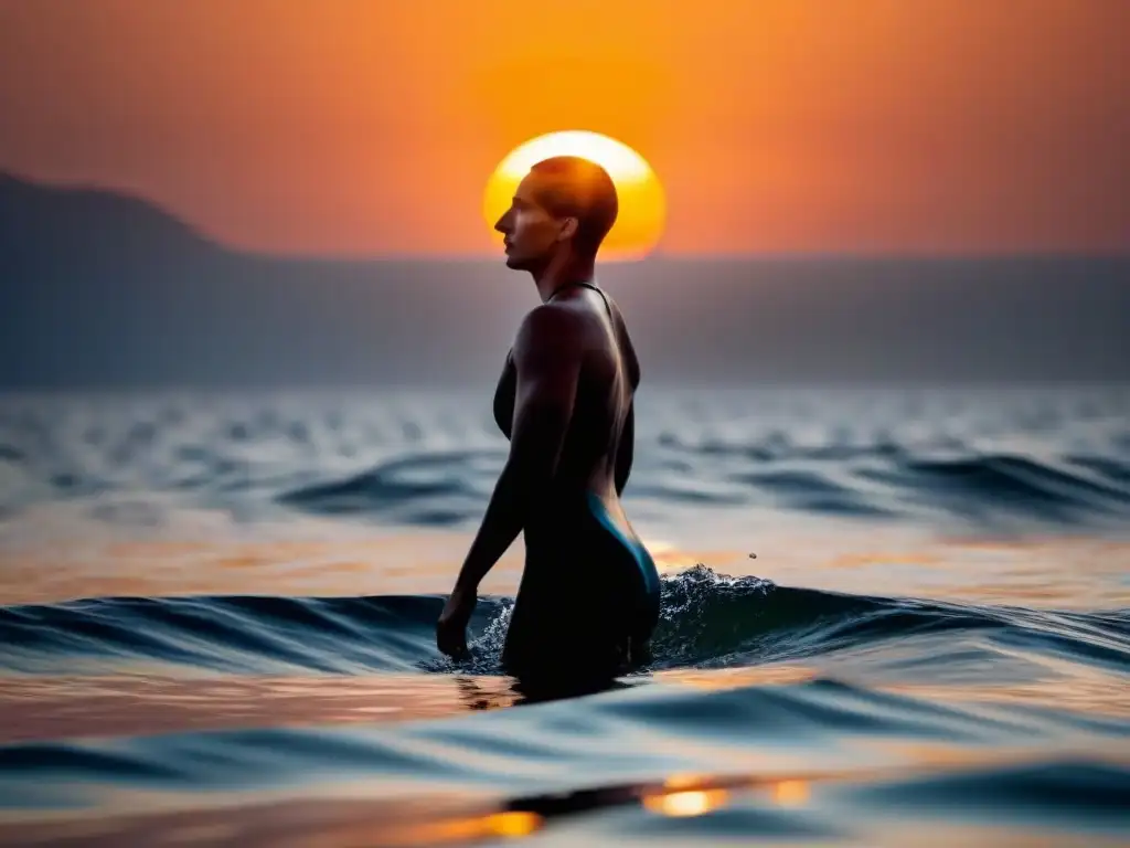 Un nadador en alta mar, con el sol poniéndose y un mar tranquilo