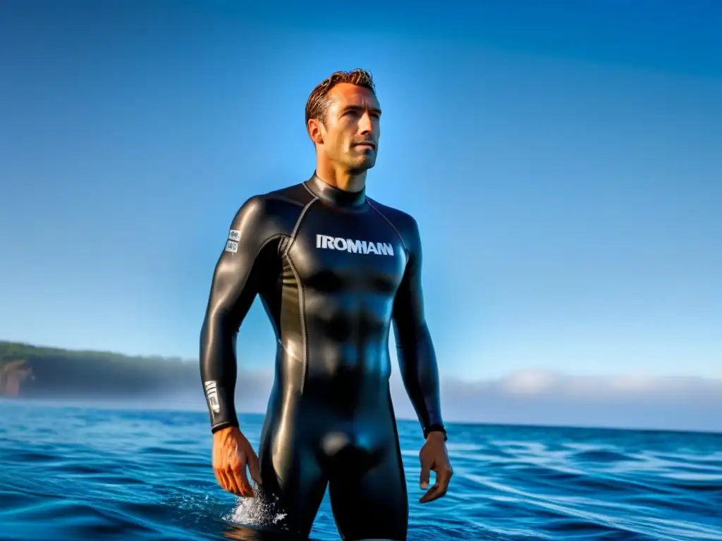 Un nadador solitario en alta mar bajo cielo despejado, con traje de neopreno, demostrando resistencia en Ironman