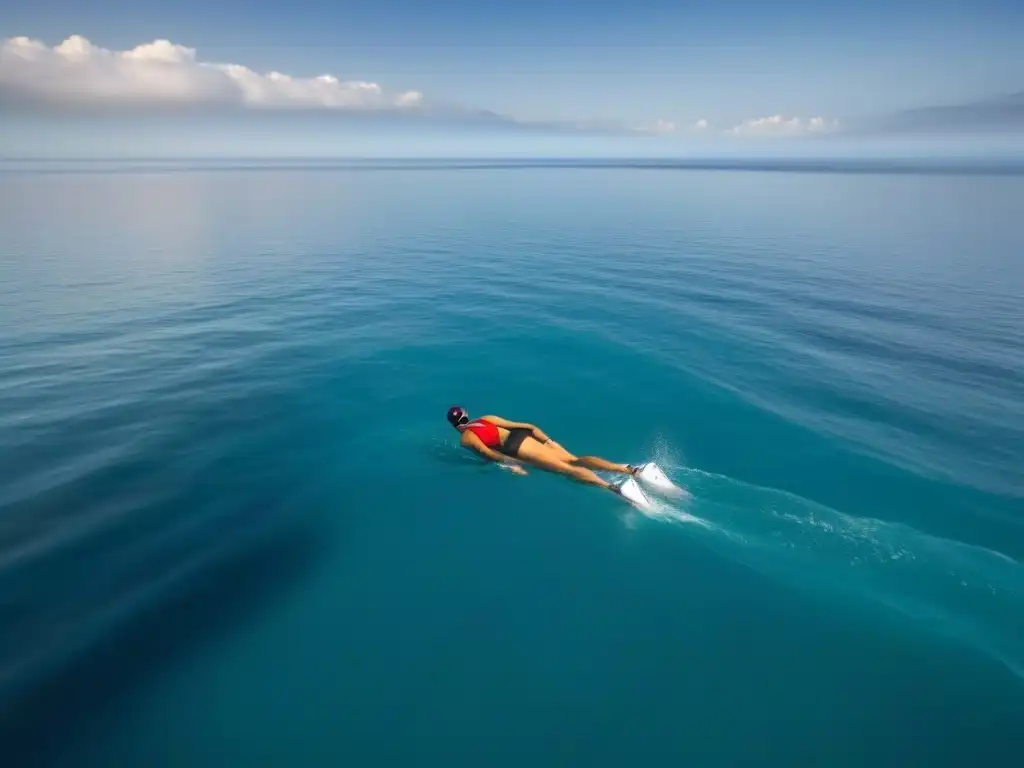 Un nadador solitario desafiando el vasto mar en calma, transmitiendo paz y la resistencia del Ironman en alta mar