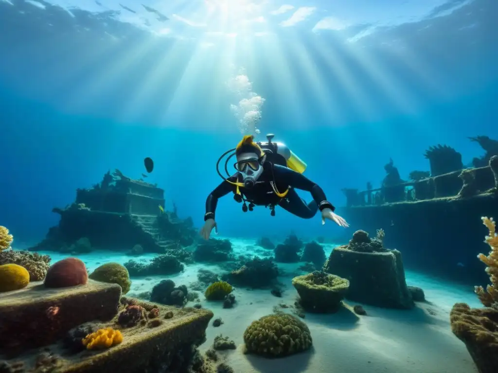 Exploración en un naufragio antiguo bajo el mar con cruceros arqueología subacuática