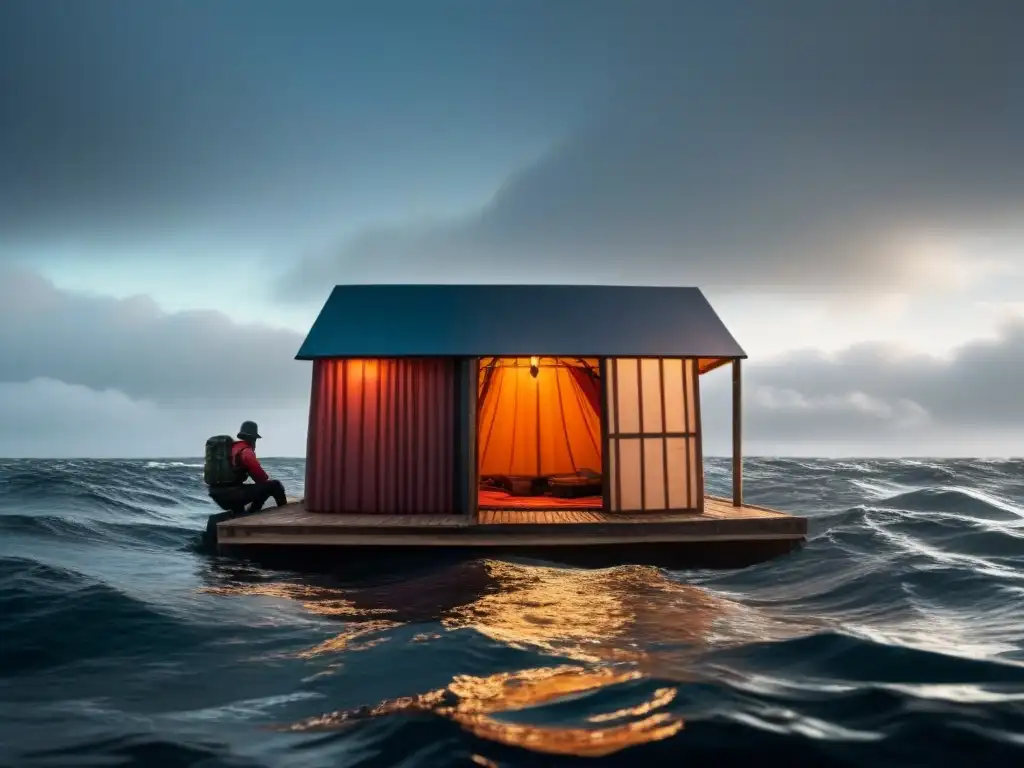 Un náufrago construye refugio improvisado en el mar turbulento, mostrando determinación y habilidades de supervivencia en cruceros marítimos