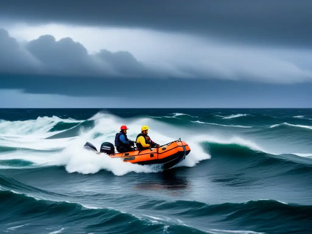 Un náufrago seguro en su bote en medio de las olas agitadas, con un cielo tormentoso y un crucero en la distancia