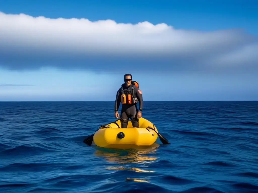 Un náufrago solitario en un traje de supervivencia tecnológico flota en un vasto océano azul bajo un cielo claro