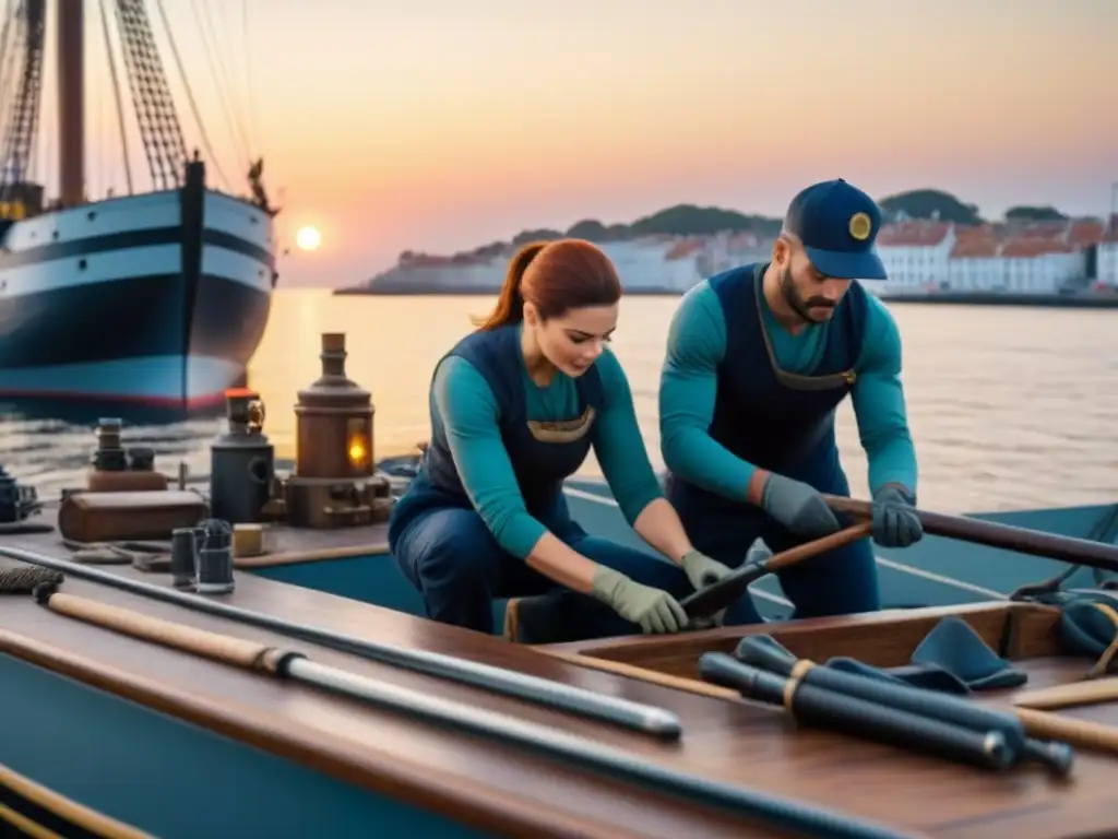 Voluntariado conservación naval aventura: restauración de barco histórico al atardecer