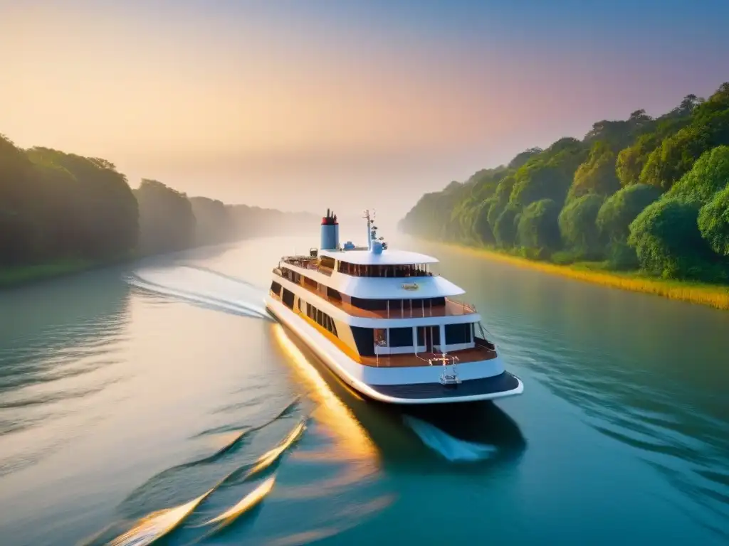 Navegación fluvial segura y confiable: un moderno barco fluvial navegando calmadamente al atardecer por un río serpenteante