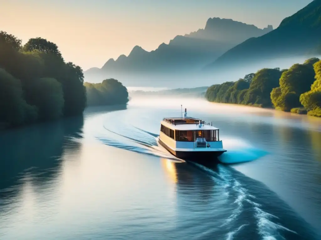 Navegación fluvial segura y confiable: un barco elegante surcando aguas tranquilas bajo un cielo azul, emanando paz y confianza