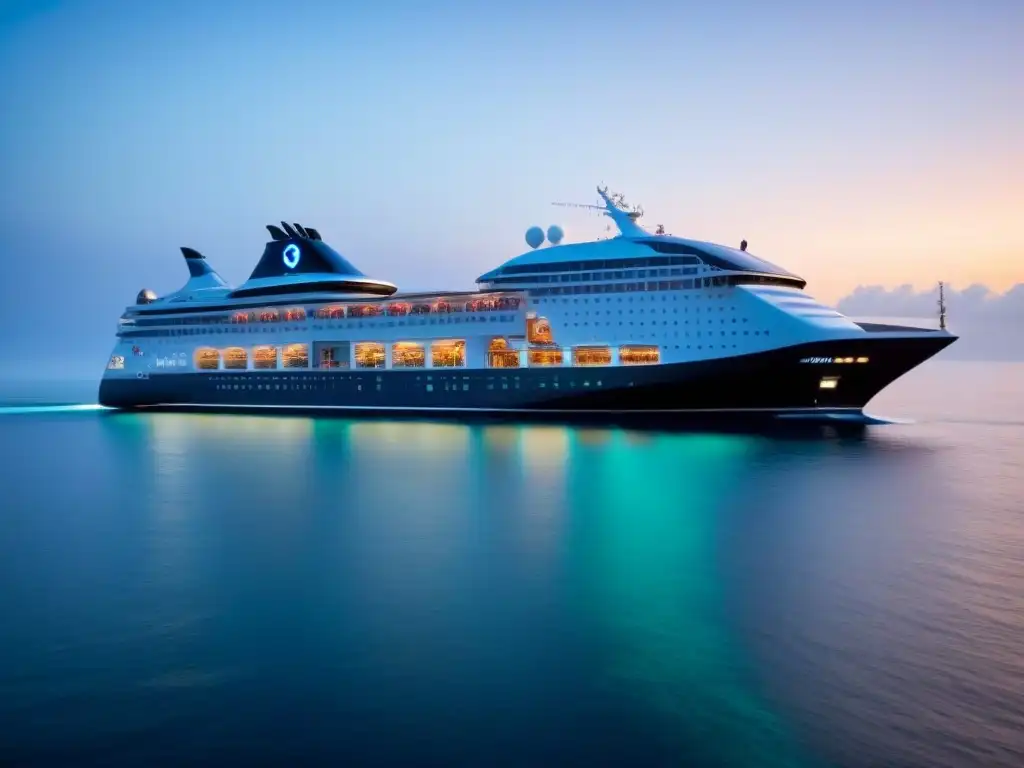 Navegación híbrida en cruceros: Un moderno crucero surca aguas tranquilas con su sistema de propulsión emitiendo una suave luz azul