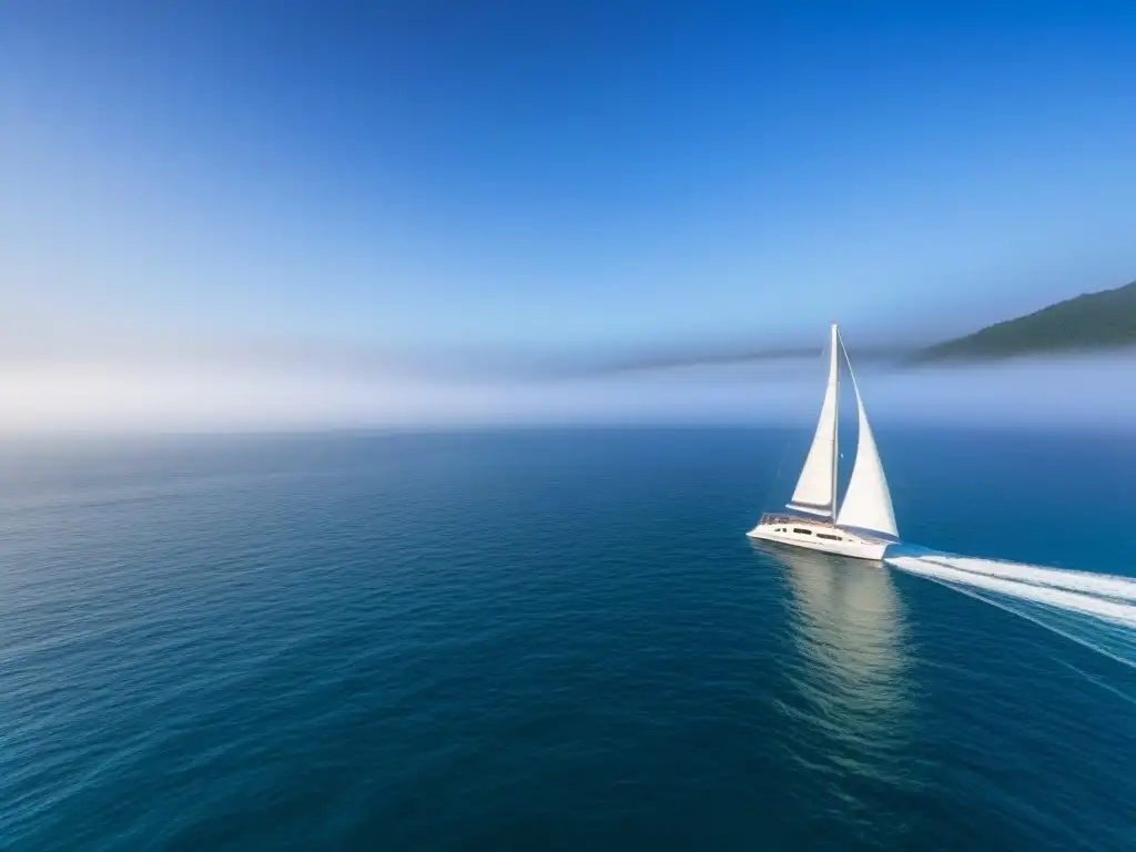 Navegación sostenible en cruceros: Un velero moderno y elegante navegando en aguas tranquilas y cristalinas bajo un cielo azul claro