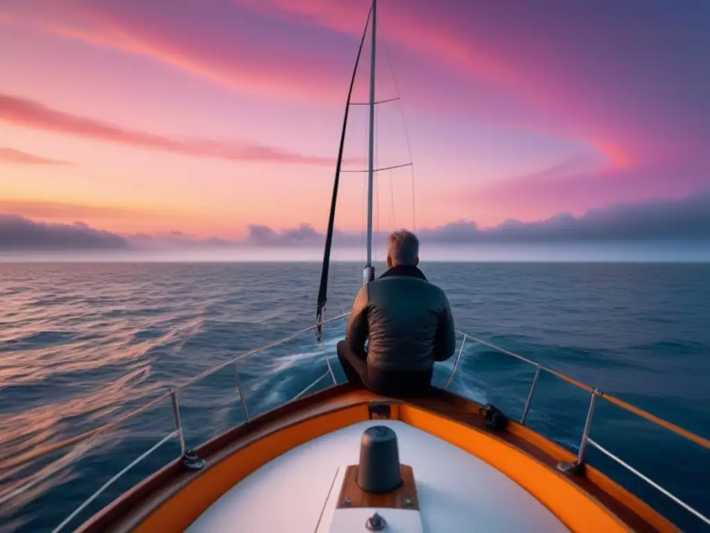 Un navegante solitario afrontando soledad alta mar, mirando al horizonte en su velero al atardecer