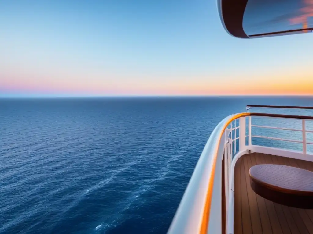 Nutrición para navegantes en cruceros: atardecer sereno desde cubierta, aguas tranquilas, sol cálido en el horizonte y un lujoso barco