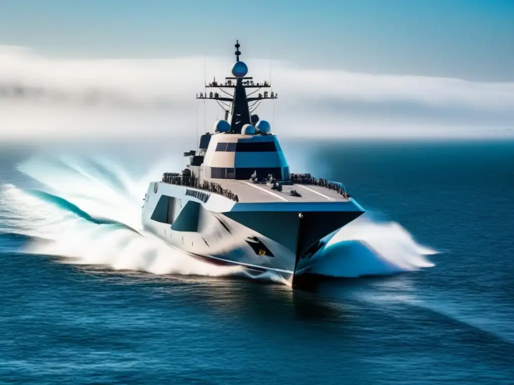 Vanguardia naval: nave futurista cortando el mar Un navío futurista corta el agua con precisión, exhibiendo tecnología marítima en exposiciones navales